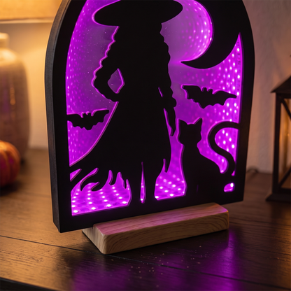 Witch & Black Cats Infinity Light – 30cm Acrylic Halloween Decor – close-up detail