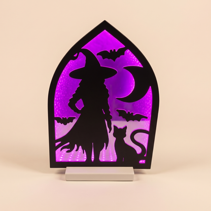 Witch & Black Cats Infinity Light – 30cm Acrylic Halloween Decor – studio view