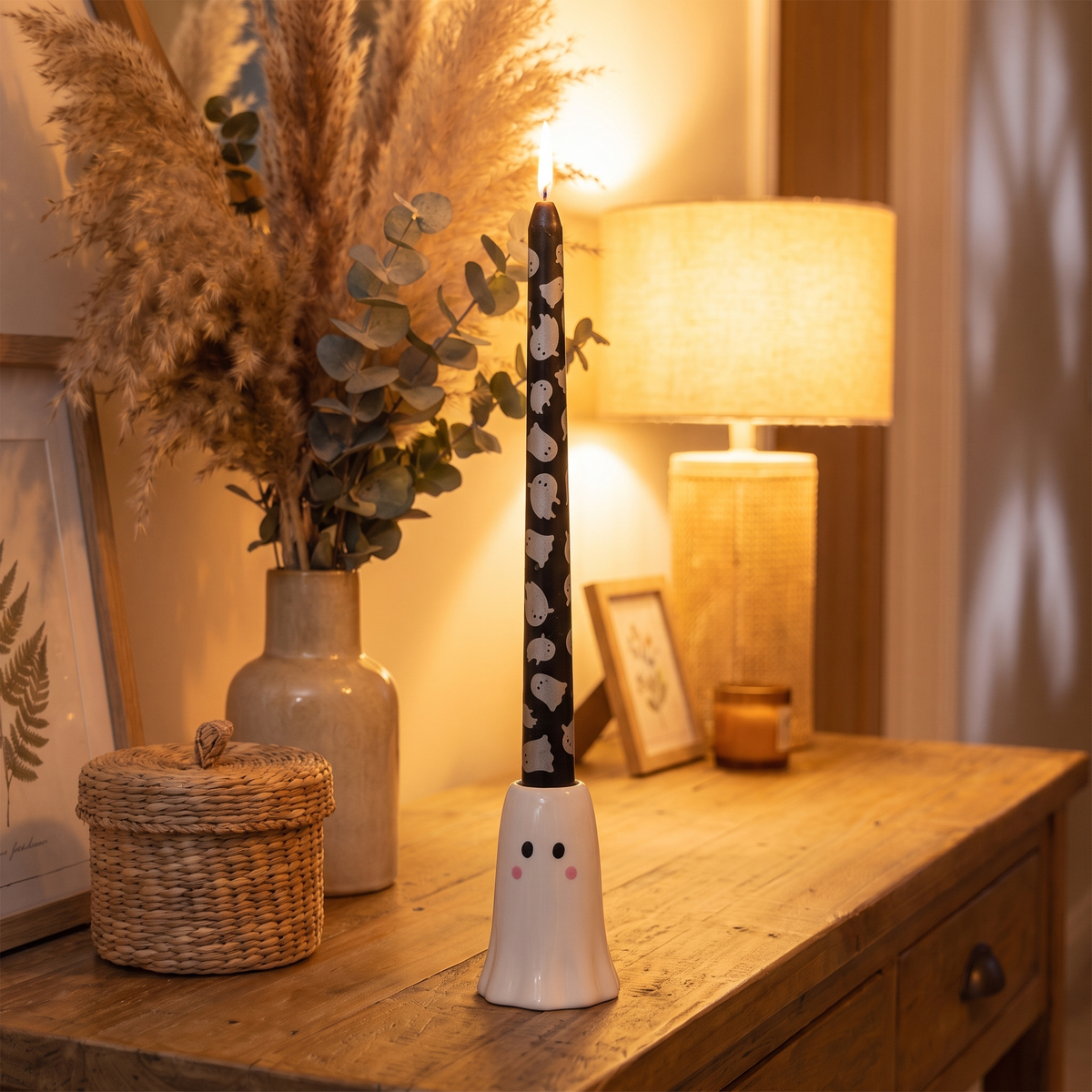 Ceramic Ghost Candle Holder with Taper Candle – 33cm – close-up detail