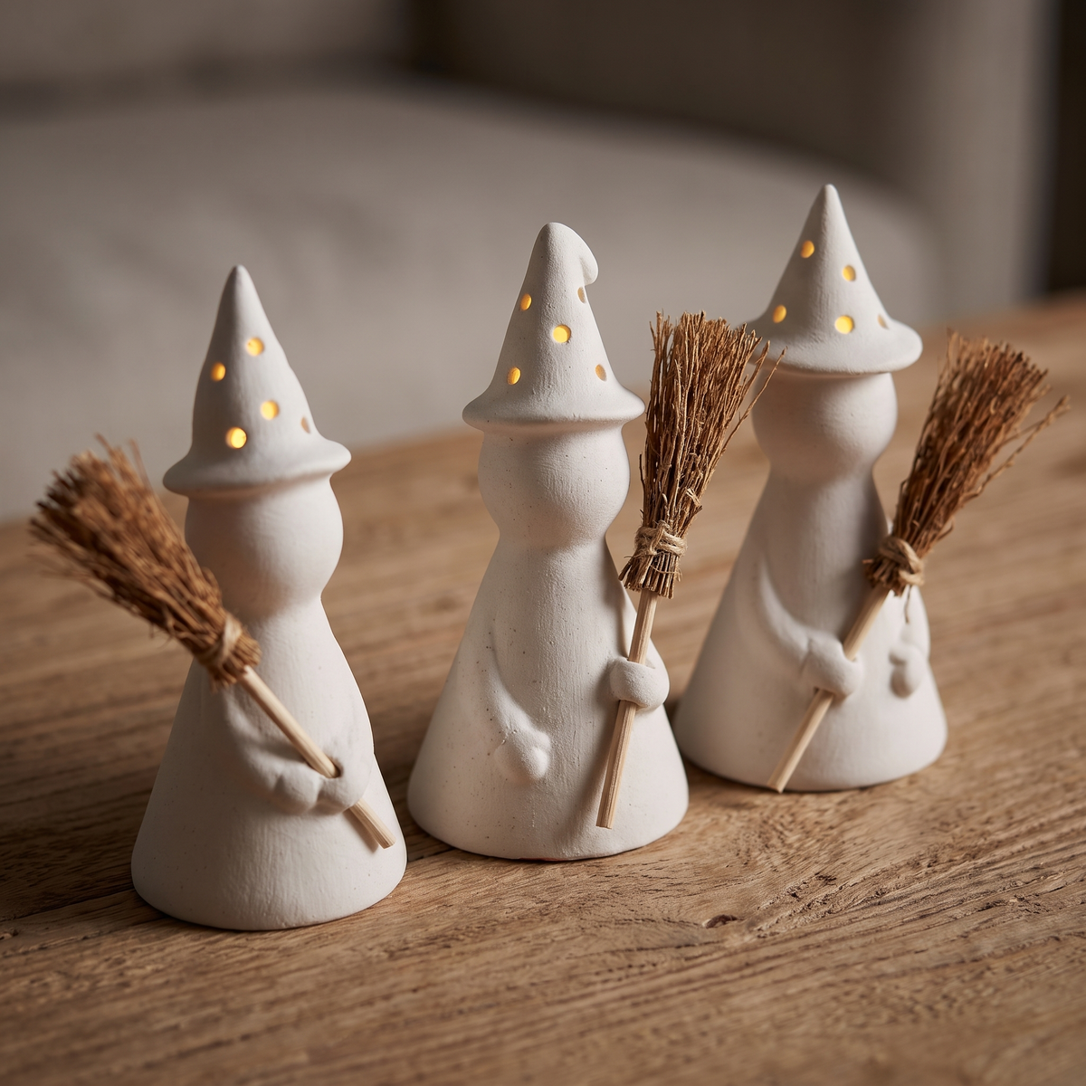 LED Ceramic Witches with Broomsticks – Set of 3 – close-up detail