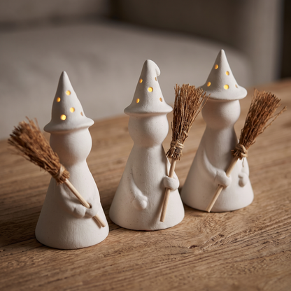 LED Ceramic Witches with Broomsticks – Set of 3 – close-up detail