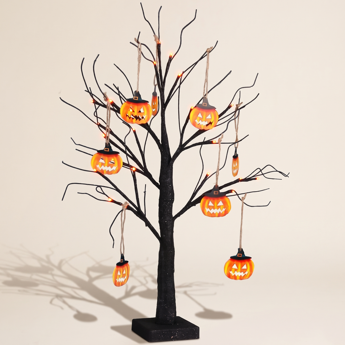 Black Glitter LED Halloween Tree with Pumpkin Ornaments – 60cm – studio view