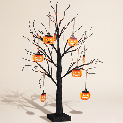 Black Glitter LED Halloween Tree with Pumpkin Ornaments – 60cm – studio view
