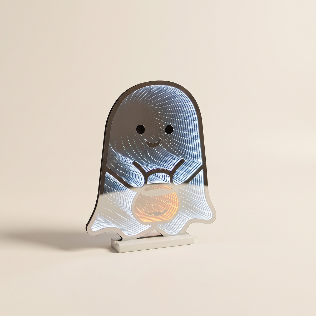 Ghost with Candy Bucket Infinity Light – 41cm Acrylic Halloween Decor – studio view