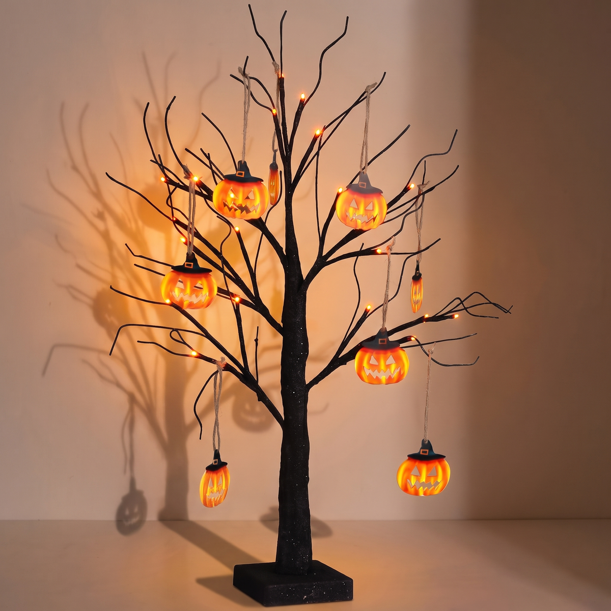 Black Glitter LED Halloween Tree with Pumpkin Ornaments – 60cm – close-up detail