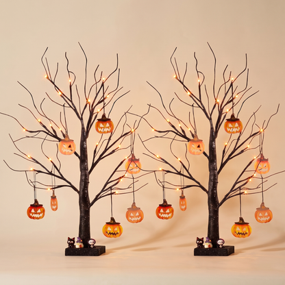 Black Twig LED Halloween Trees with Pumpkin Ornaments – Set of 2, 60cm – studio view