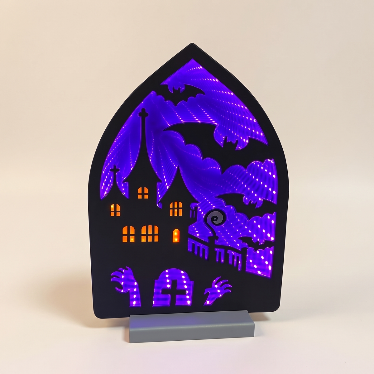 Haunted House with Bats Infinity Light – 30cm Acrylic Halloween Decor – studio view
