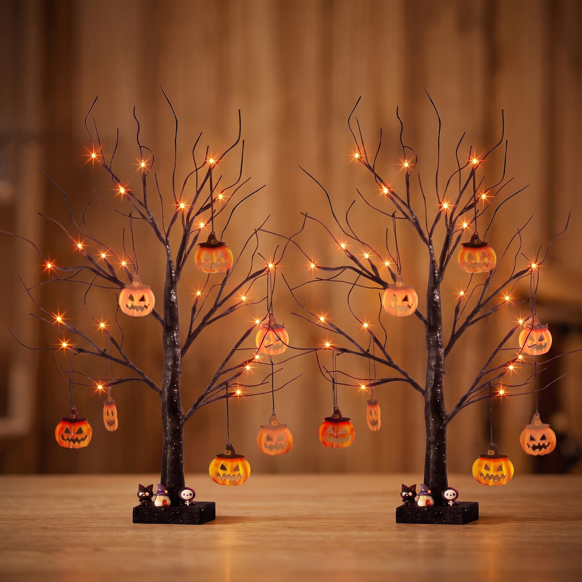 Black Twig LED Halloween Trees with Pumpkin Ornaments – Set of 2, 60cm – close-up detail