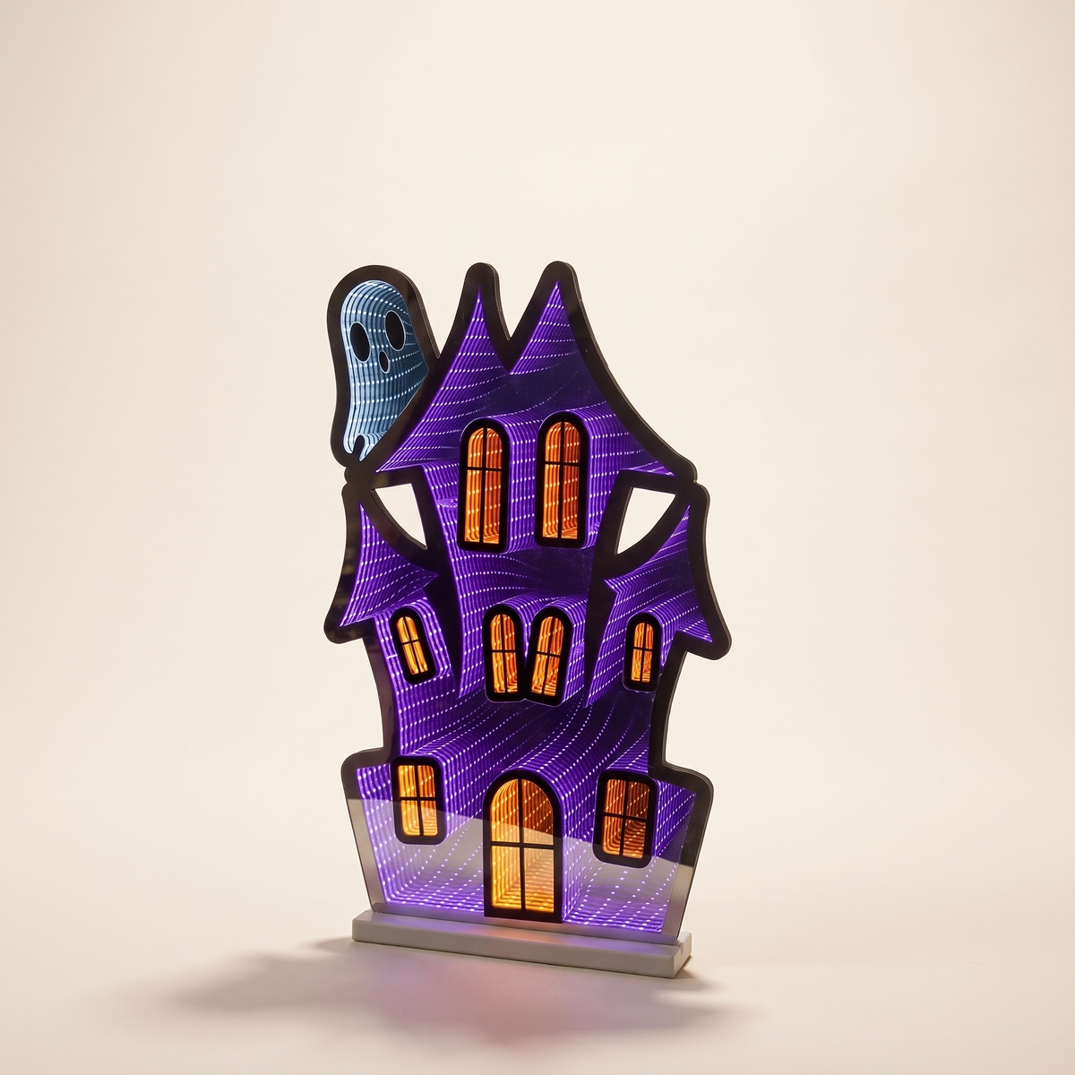 Haunted House Infinity Light with Peeking Ghost – 60cm Acrylic Halloween Decor – studio view
