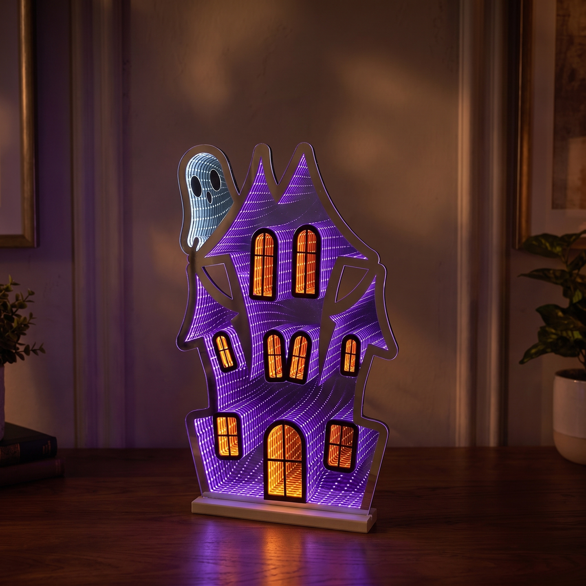 Haunted House Infinity Light with Peeking Ghost – 60cm Acrylic Halloween Decor – close-up detail