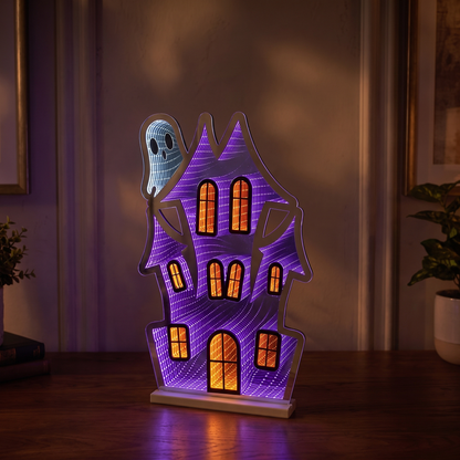 Haunted House Infinity Light with Peeking Ghost – 60cm Acrylic Halloween Decor – close-up detail