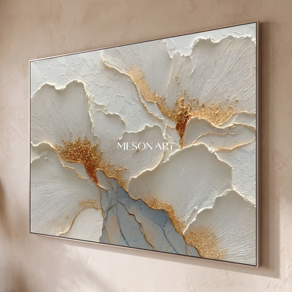 Gilded Bloom Gold & White Floral Plaster Canvas – Hand-Painted Wall Art – side angle showing texture