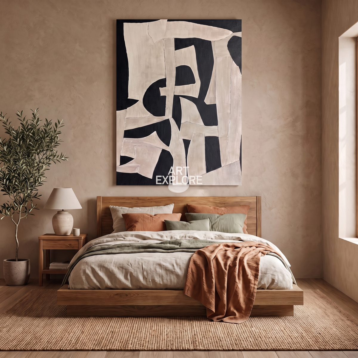 Black & Beige Wabi-Sabi Abstract Canvas – Hand-Painted Minimalist Art – shown in a room for scale