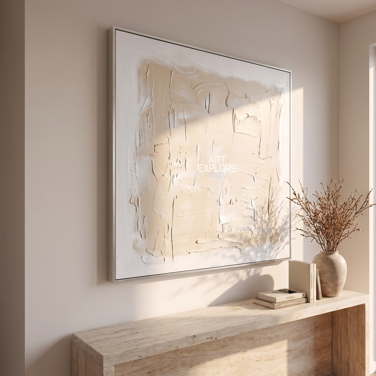 Linen White & Beige Thick-Texture Abstract Canvas – Hand-Painted Art – side angle showing texture
