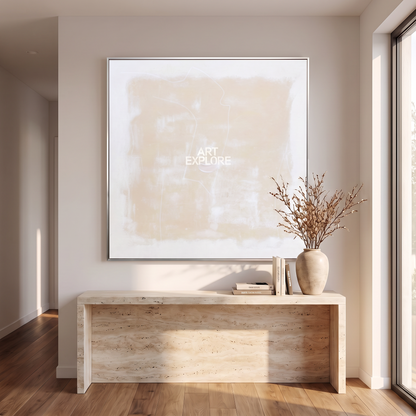 Linen White & Beige Thick-Texture Abstract Canvas – Hand-Painted Art – shown in a room for scale