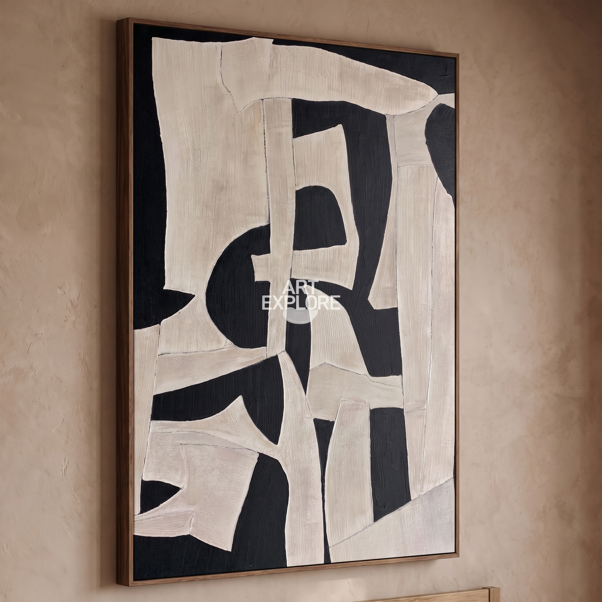 Black & Beige Wabi-Sabi Abstract Canvas – Hand-Painted Minimalist Art – side angle showing texture