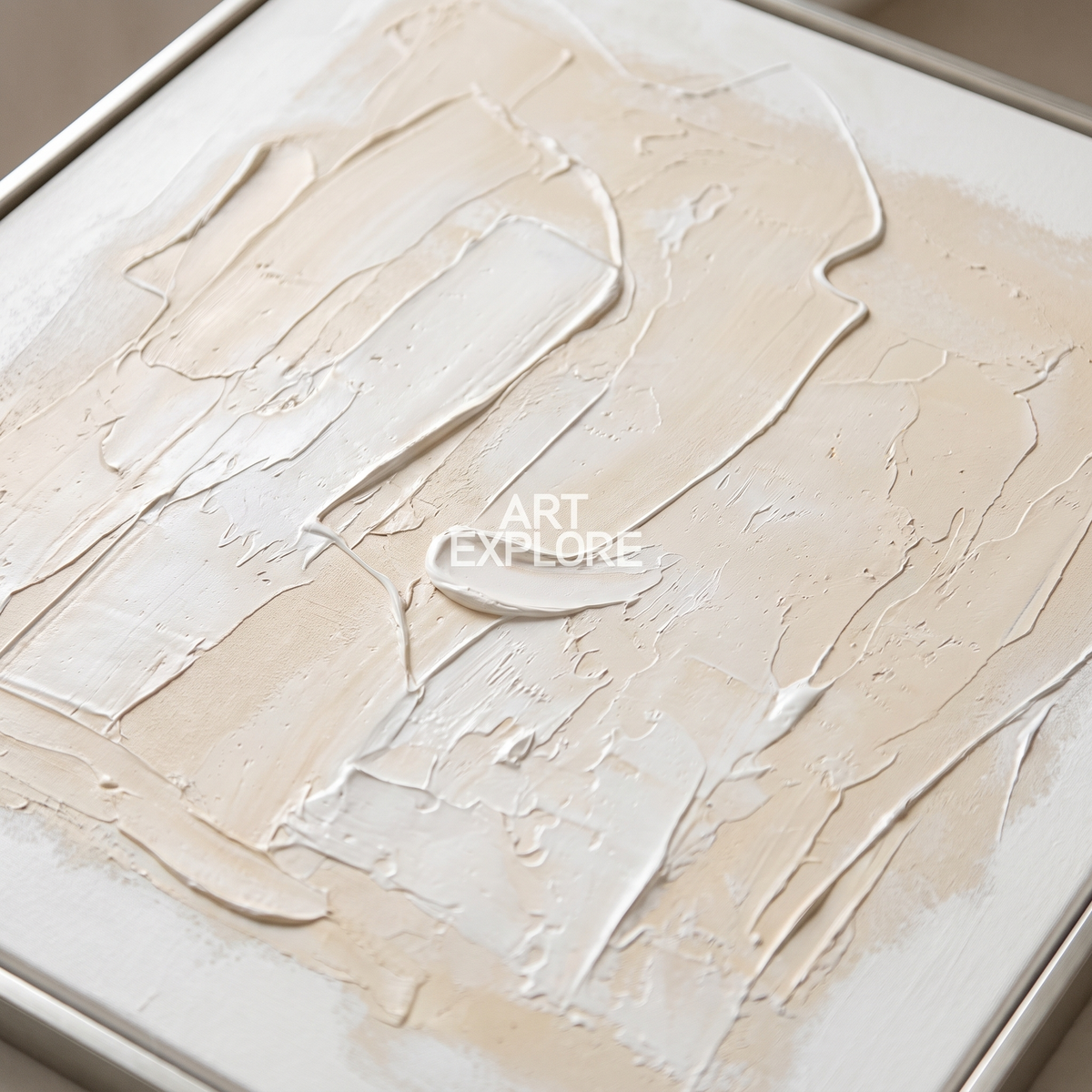 Linen White & Beige Thick-Texture Abstract Canvas – Hand-Painted Art – close-up detail