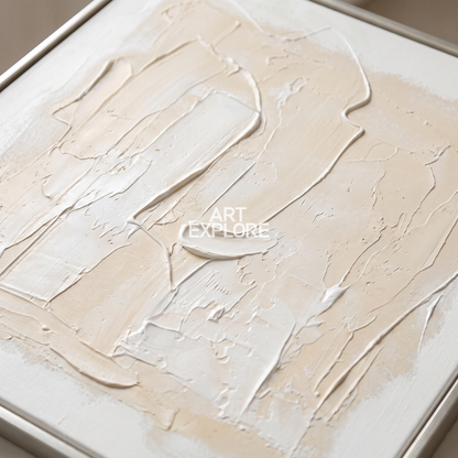 Linen White & Beige Thick-Texture Abstract Canvas – Hand-Painted Art – close-up detail