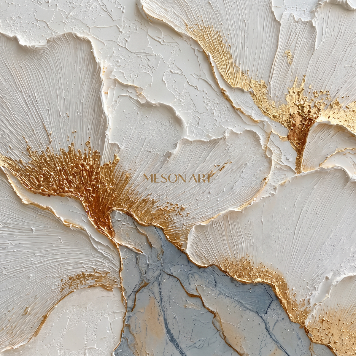 Gilded Bloom Gold & White Floral Plaster Canvas – Hand-Painted Wall Art – close-up detail