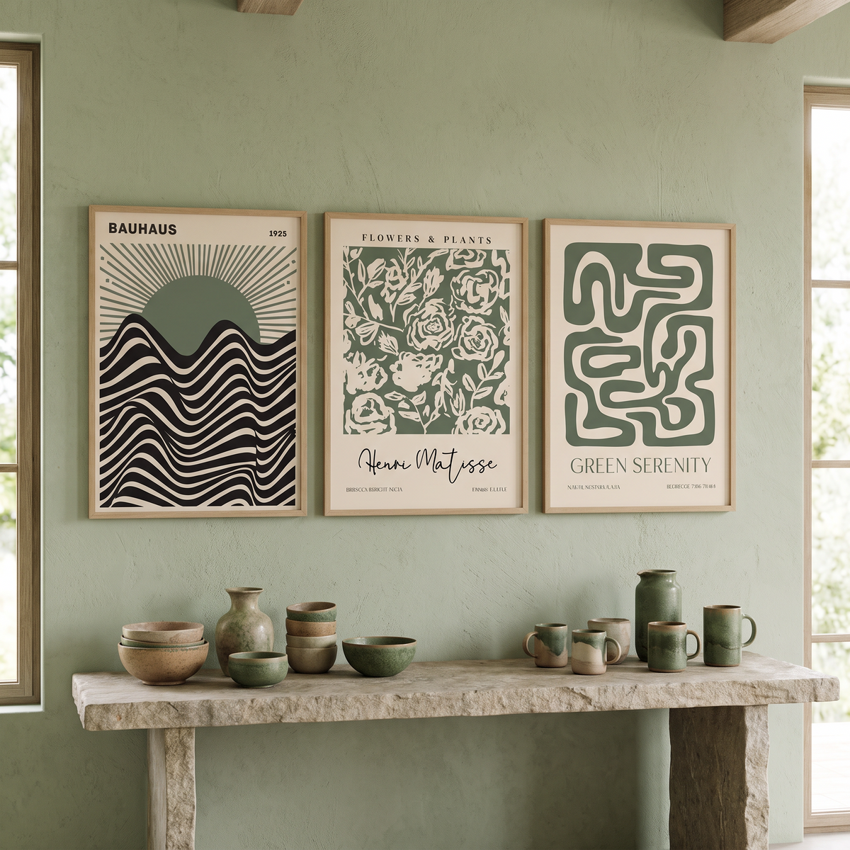 Green Bauhaus & Matisse-Style Prints Set of 3 – Framed Wall Art Trio – styled in a room