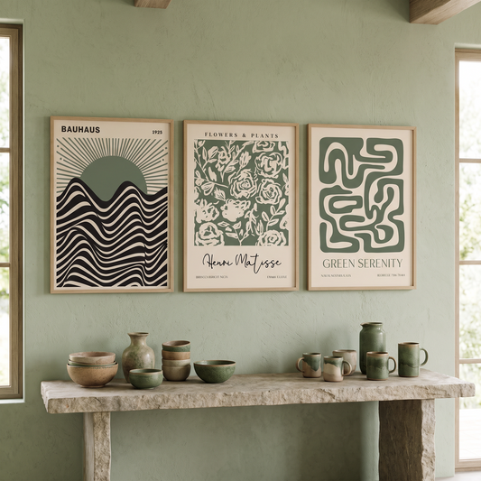 Green Bauhaus & Matisse-Style Prints Set of 3 – Framed Wall Art Trio – styled in a room