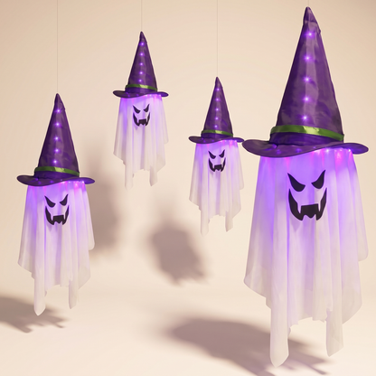 Hanging LED Ghost Light with Hooded Skull & Hat – Battery Halloween Decor – studio view