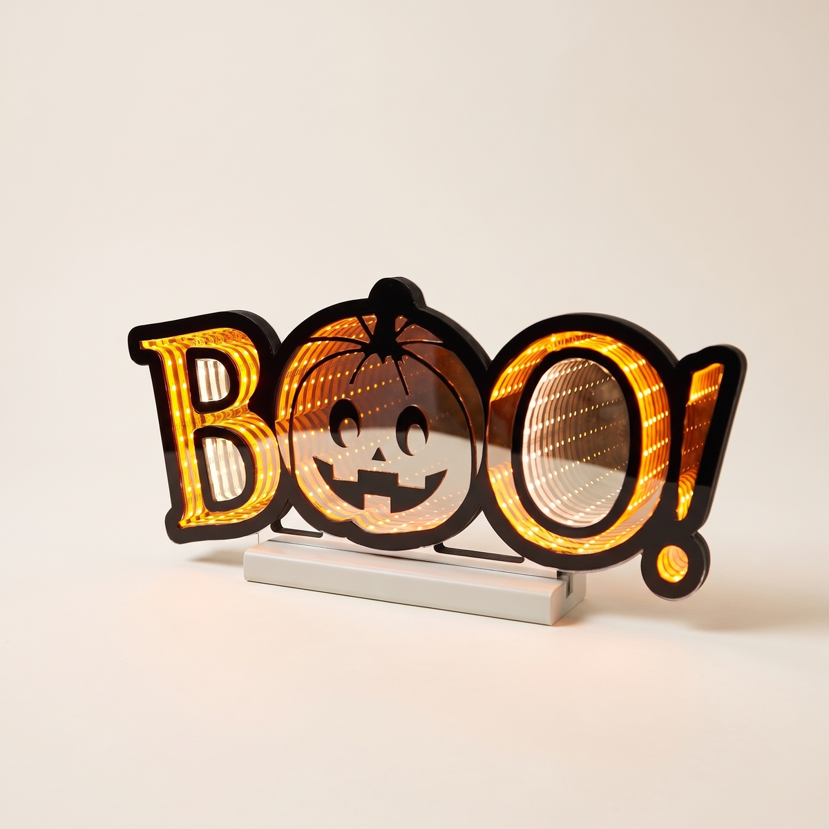 BOO Infinity Light Sign with Pumpkin – 39cm Acrylic Halloween Decor – studio view