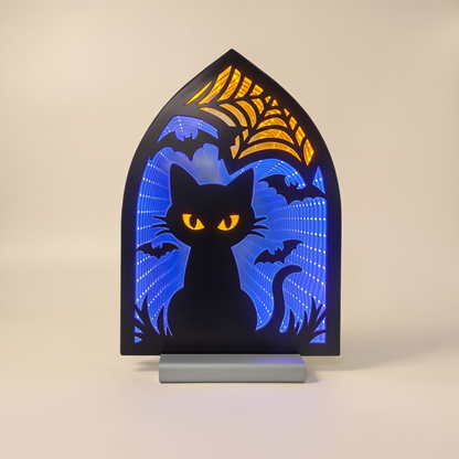 Black Cat & Spider Web Infinity Light – 30cm Acrylic Halloween Decor – studio view