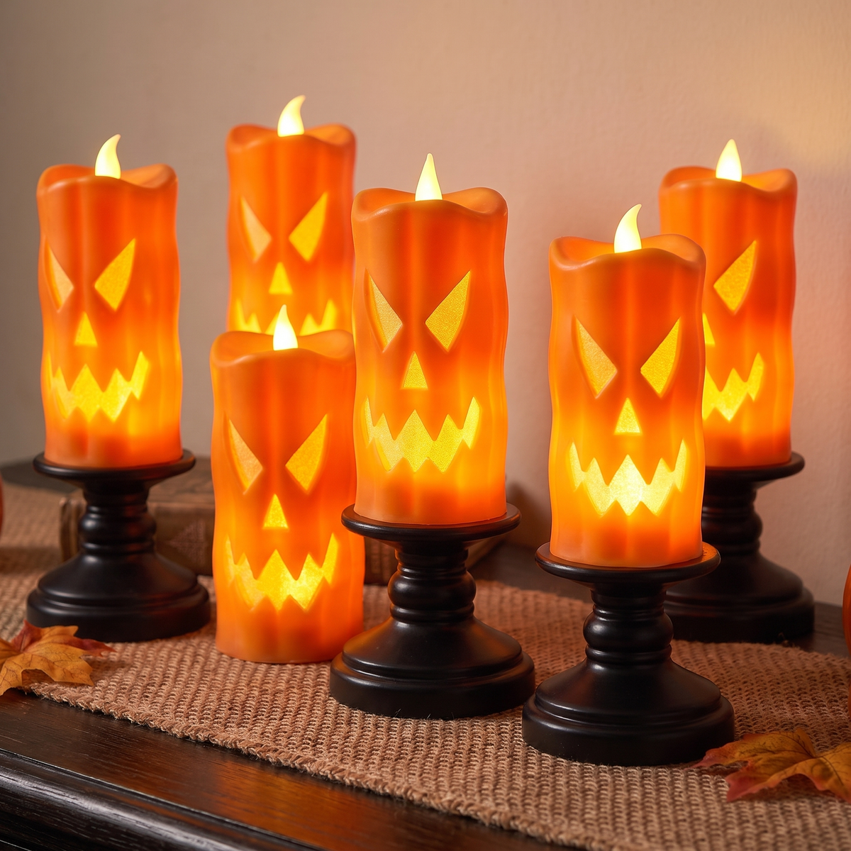 LED Ghost & Pumpkin Flameless Candles – Set of 6 Halloween Table Lights – close-up detail