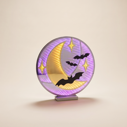 Crescent Moon & Bat Infinity Light – 42cm Acrylic Halloween Decor – studio view