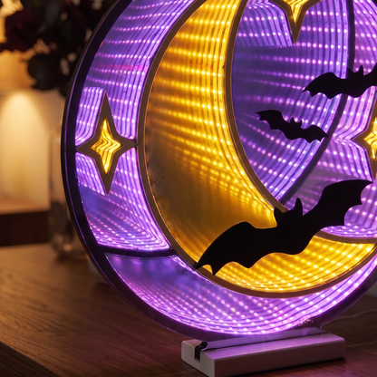 Crescent Moon & Bat Infinity Light – 42cm Acrylic Halloween Decor – close-up detail