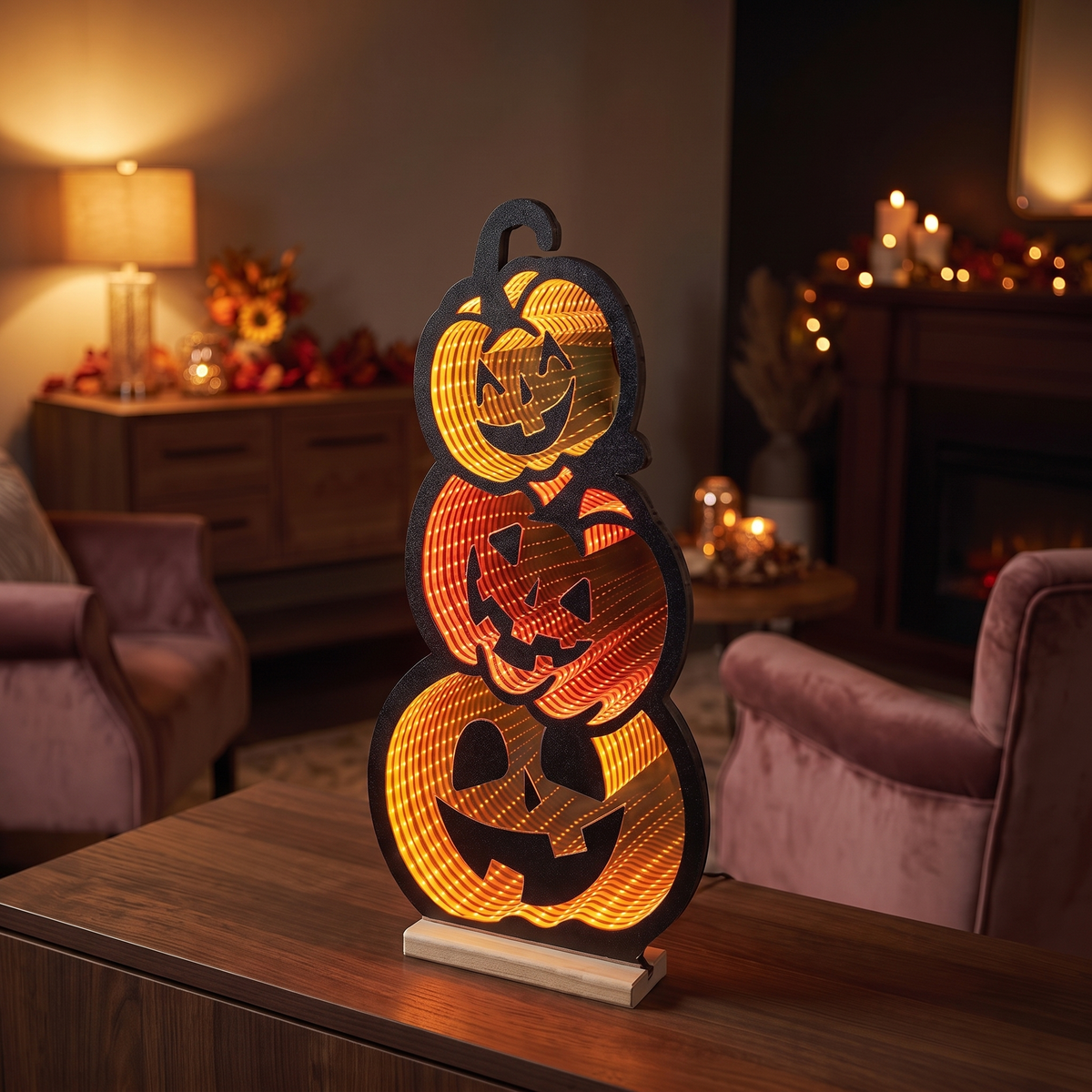 Triple Jack-o'-Lantern Infinity Light – 58cm Acrylic Halloween Decor – close-up detail