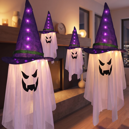Hanging LED Ghost Light with Hooded Skull & Hat – Battery Halloween Decor – close-up detail
