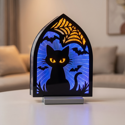 Black Cat & Spider Web Infinity Light – 30cm Acrylic Halloween Decor – close-up detail
