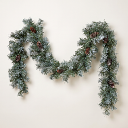 Frosted Blue Spruce Christmas Garland with Pinecones – 2.7m – studio view