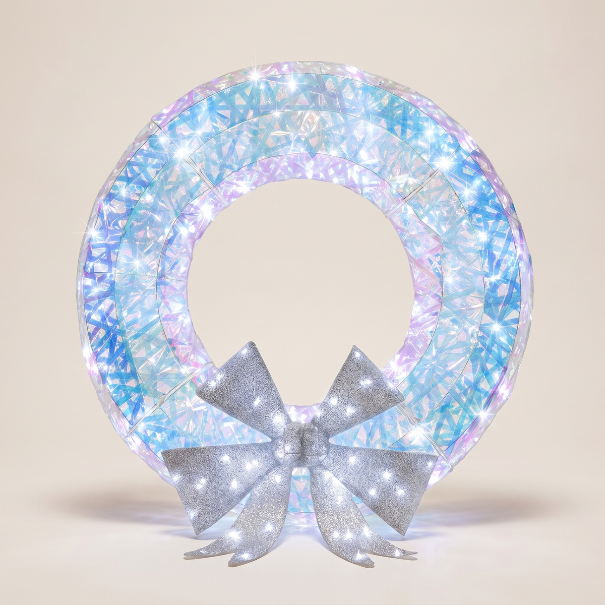 Iridescent LED Light-Up Wreath with Silver Bow – 90cm – studio view