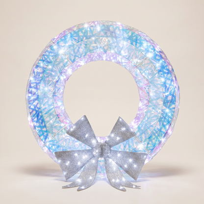 Iridescent LED Light-Up Wreath with Silver Bow – 90cm – studio view