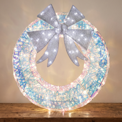 Iridescent LED Light-Up Wreath with Silver Bow – 90cm – close-up detail