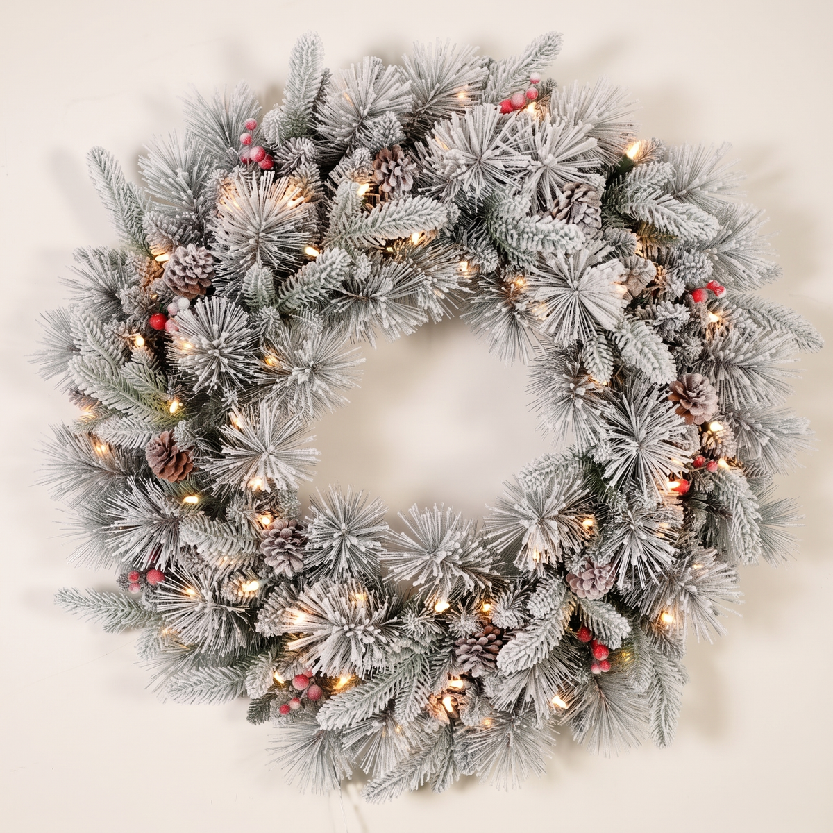 Pre-Lit Snowy Douglas Fir Christmas Wreath – 60cm, 50 LED – studio view