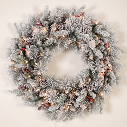 Pre-Lit Snowy Douglas Fir Christmas Wreath – 60cm, 50 LED – studio view