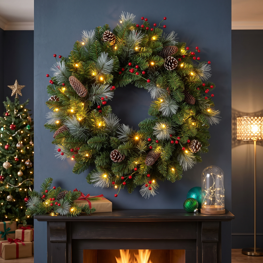 Pre-Lit Frosted Pinecone & Berry Christmas Wreath – 60cm – styled in a room