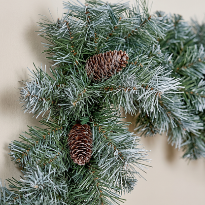 Frosted Blue Spruce Christmas Garland with Pinecones – 2.7m – close-up detail