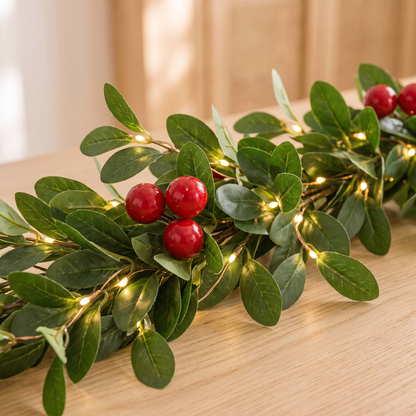 Battery LED Holly & Berry Christmas Garland – 3m – close-up detail
