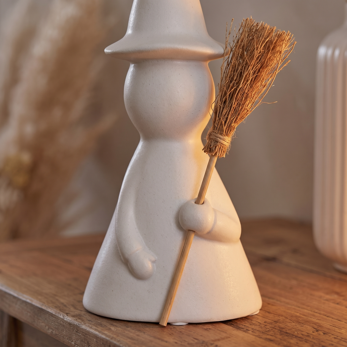 Large Matte White Ceramic Witch with Broom – close-up detail
