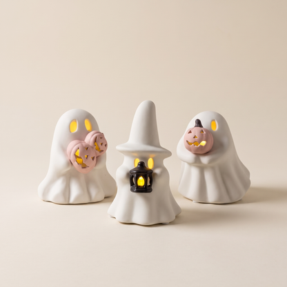 LED Ceramic Ghosts with Pumpkins & Lantern – Set of 3 – studio view