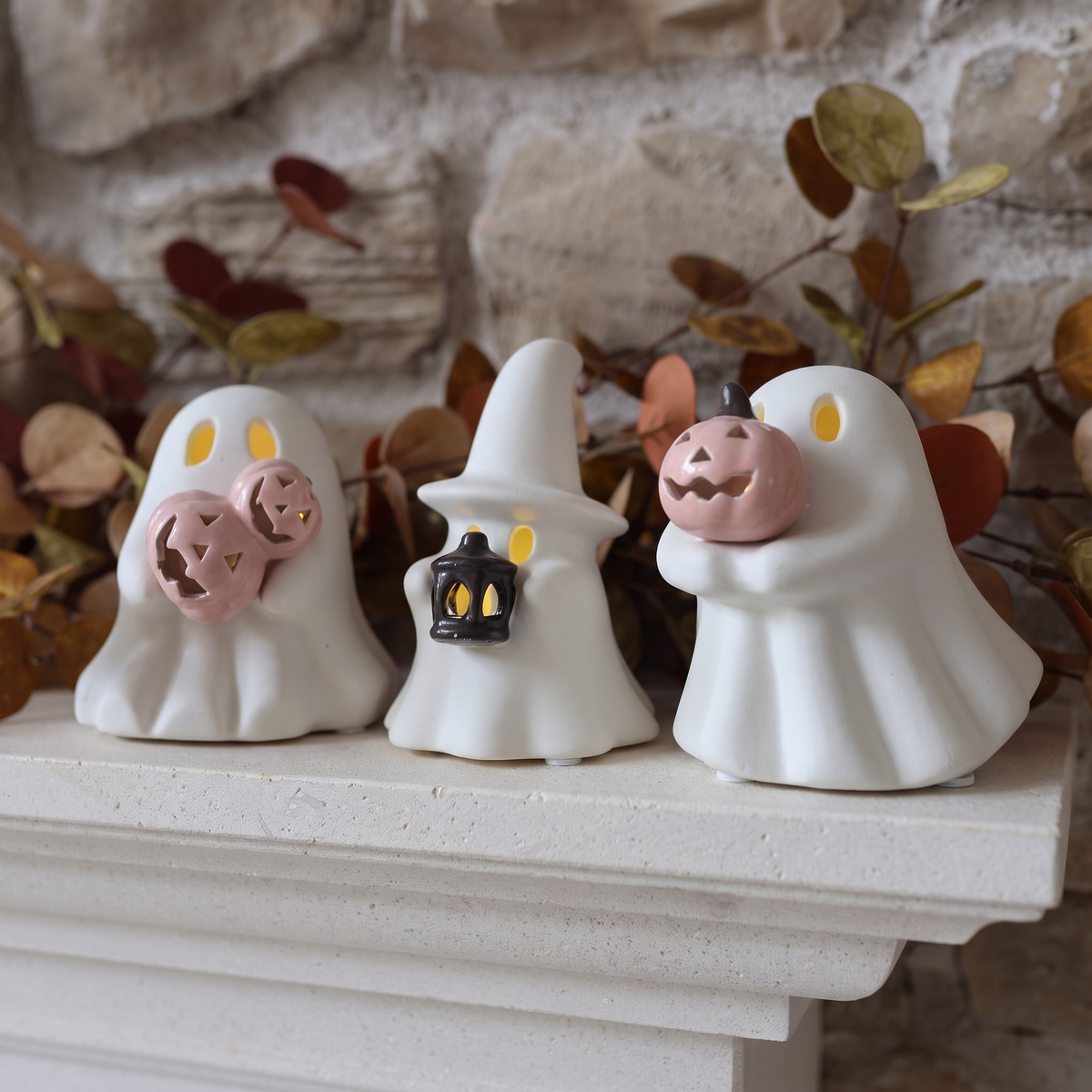 LED Ceramic Ghosts with Pumpkins & Lantern – Set of 3 – close-up detail