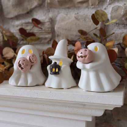 LED Ceramic Ghosts with Pumpkins & Lantern – Set of 3 – close-up detail