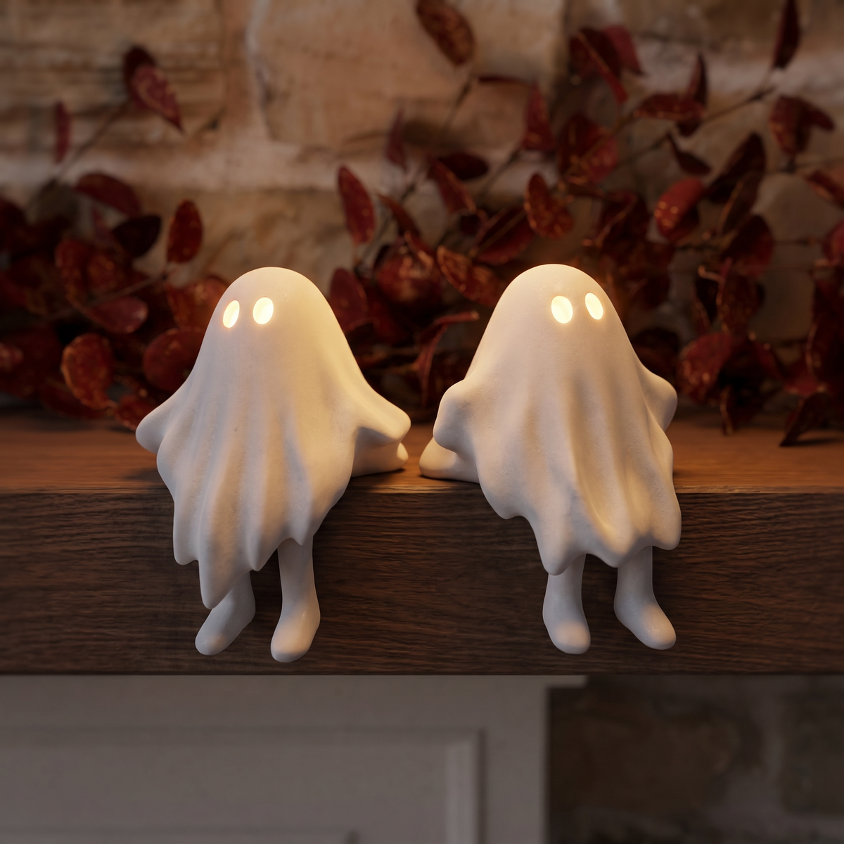 Shelf-Sitting LED Ceramic Ghosts – Set of 2 – close-up detail