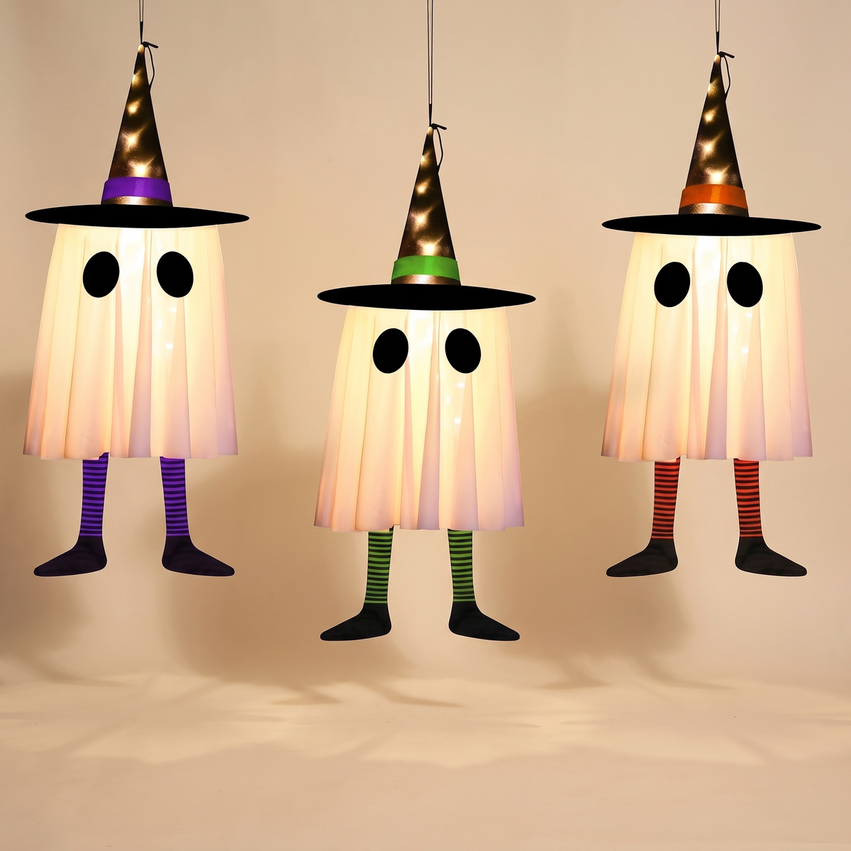 Hanging Witch Hat Ghost Lights – Set of 3 LED Halloween Decor – studio view