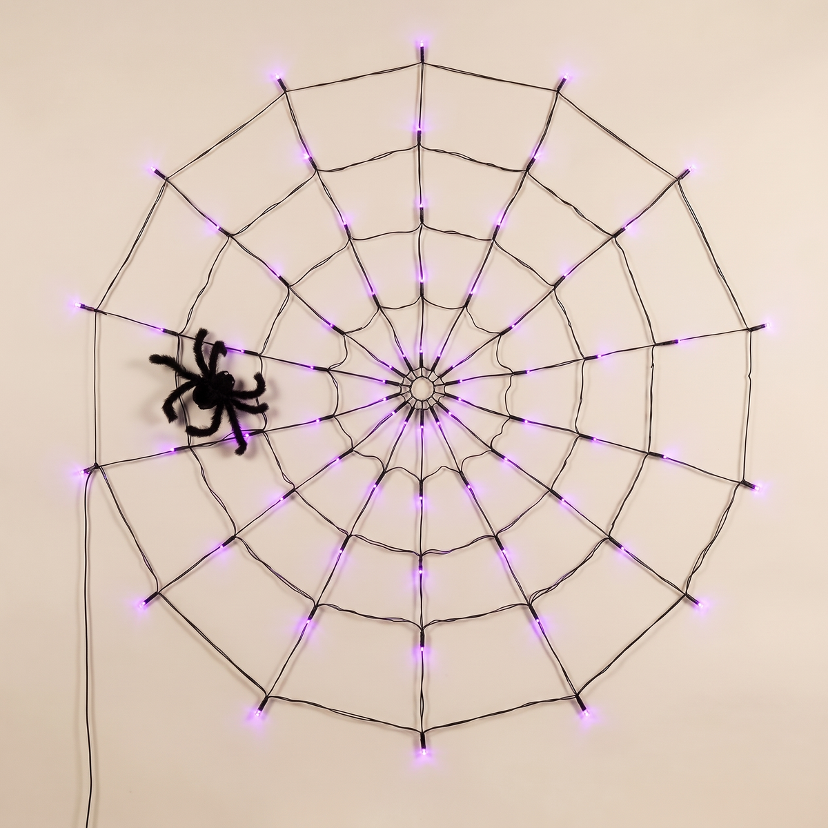 Purple LED Spider Web Light with Spider – 2m, 126 LED Halloween Lights – studio view